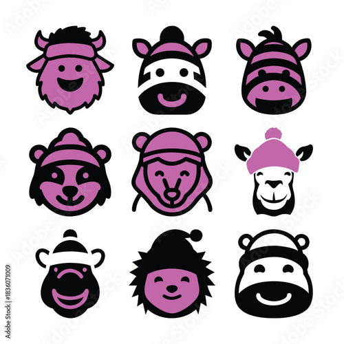 Collection of cute cartoon animal faces with hats in pink and purple