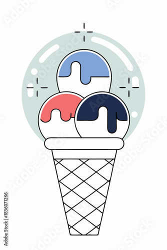 Kolorowe lody w rożku, minimalistyczna ilustracja trzech gałek na białym tle.