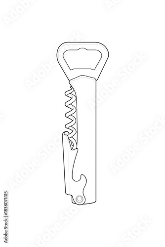 Vector bottle opener tool outline for kitchen, bar equipment, packaging design, and utensil icons.