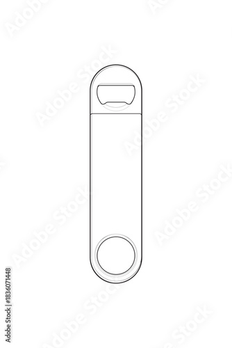 Vector bottle opener tool outline for kitchen, bar equipment, packaging design, and utensil icons.