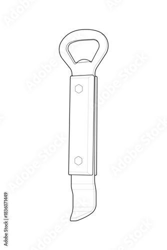 Vector bottle opener tool outline for kitchen, bar equipment, packaging design, and utensil icons.