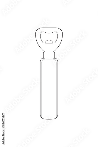 Vector bottle opener tool outline for kitchen, bar equipment, packaging design, and utensil icons.