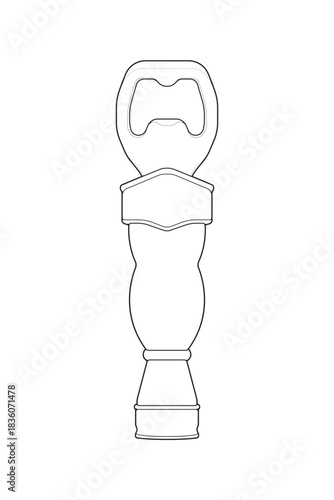 Vector bottle opener tool outline for kitchen, bar equipment, packaging design, and utensil icons.