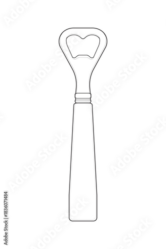 Vector bottle opener tool outline for kitchen, bar equipment, packaging design, and utensil icons.