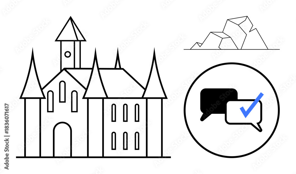 Fototapeta premium Gothic-style castle structure, jagged rocky landscape, and speech bubbles with a checkmark symbol, combining themes of architecture, terrain, and digital communication. Ideal for fantasy, dialogue