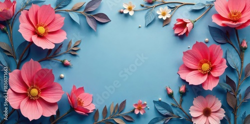 Vibrant pink blossoms with textured petals and delicate buds adorn a soft azure canvas, artfully arranged with muted blue foliage and tiny pearl accents