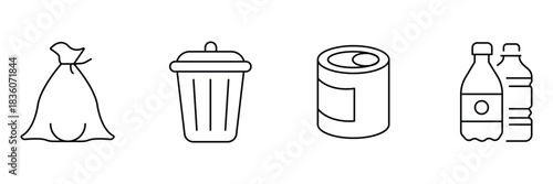 Garbage recycling seamless pattern, waste management line icons, trash bag bin can bottle eco friendly vector illustration.