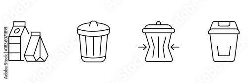 Garbage bins seamless pattern, waste sorting containers line icons, recycling compression trash can vector illustration background.