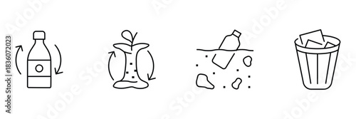 Recycling waste eco icon set, plastic bottle trash, organic apple core, ocean pollution debris, garbage bin outline vector illustration.
