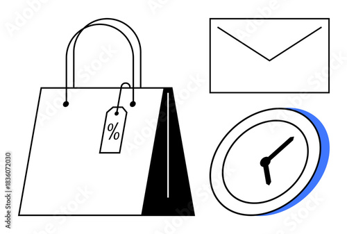 Retail, ecommerce, time management, discount offers, communication, sales strategies. Shopping bag with a percentage tag, a clock and an envelope. Retail and ecommerce concept