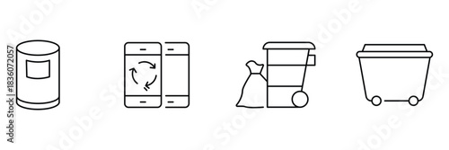 Garbage collection icon set, recycling mobile app, trash can container, waste bin trolley, dumpster outline minimal vector illustration.