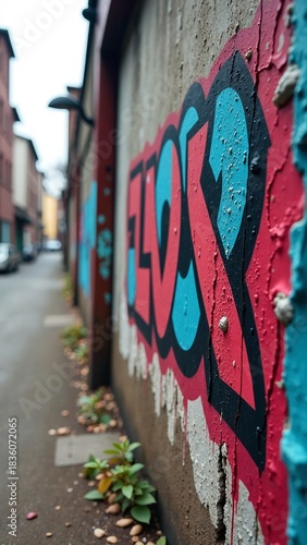 Vibrant urban graffiti art on a weathered city alleyway wall with copy space for marketing campaigns and brand storytelling, showcasing a gritty, modern street culture backdrop