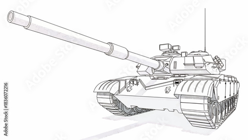 Detailed Line Art Illustration of a Military Tank with a Long Barrel, Ready for Action