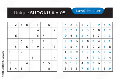 Sudoku puzzle with answer. Vector puzzle game with numbers for kids and adults. 9x9 sudoku Illustration on white background.