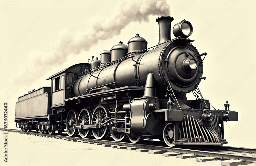 Naklejka premium Vintage drawing of old steam train locomotive with tender on railway tracks. Smoke rises from engine chimney. Classic historical railroad transport machine represents industrial revolution, power,