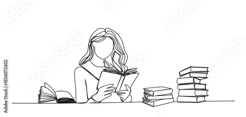 continuous single line drawing of young man and woman looking at laptop screen, line art vector illustration