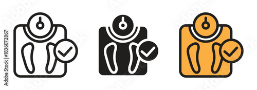Celebrate successful weight loss with this icon showing scale and checkmark, perfect for wellness apps, fitness trackers and health programs