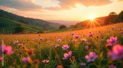 Golden rays illuminate a tranquil meadow blanketed in delicate blooms beneath a sky painted with sunset hues and soft clouds