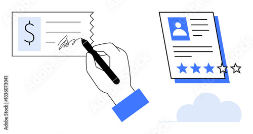 Hand signing a financial document and a profile card with a rating of five stars. Ideal for finance, contracts, ratings, reviews, feedback, professionalism, branding. Simple flat metaphor