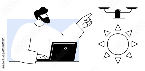 Technology, surveillance, innovation, security, automated systems, weather monitoring. A man at a laptop points to a camera quadcopter and sun icons. Technology and surveillance ideas showcased