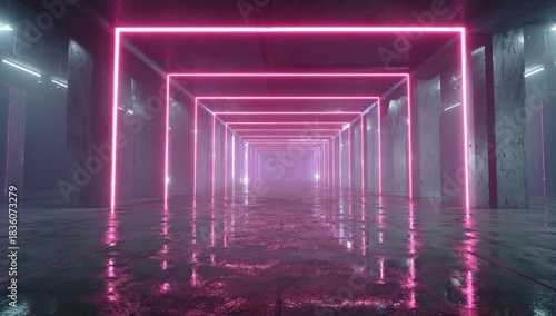 Fototapeta Naklejka Na Ścianę i Meble -  A long, neon-framed tunnel with a wet floor, pillars, and a distant, ethereal glow