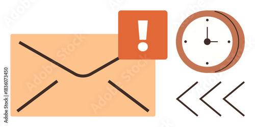 Envelope with alert exclamation, clock showing time, and arrows for speed. Ideal for communication, urgency, reminders, deadlines, email management scheduling productivity. Simple flat metaphor