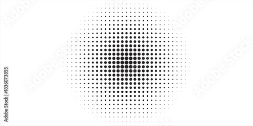 Monochrome round gradient halftone dots background. Abstract regular pop art dots on white background