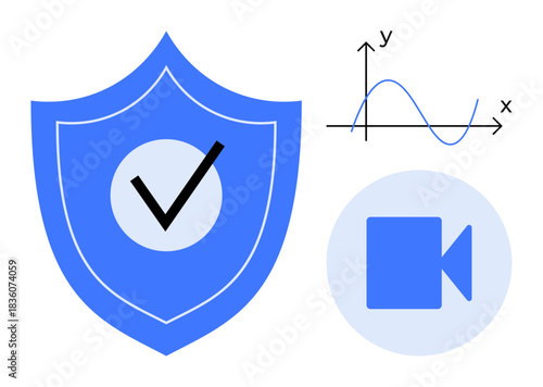 Data security, media verification, digital analysis, video protection, information integrity, online tools. Blue shield with checkmark, video icon and graph. Data security and media verification