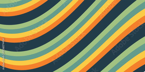 Abstract colorful 70s background vector. Vintage retro wallpaper with rainbow stripes and wavy lines. A 1970 color illustration suitable for posters, banners, decorative items and wall art.