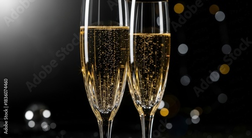 Two elegant champagne flutes filled with sparkling wine against a dark background with bokeh lights, celebrating a special occasion.