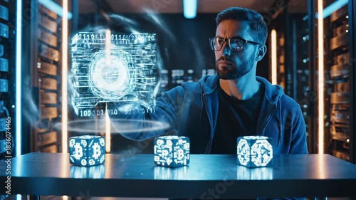 IT specialist interacts with blockchain hologram. Man analyzes data on a futuristic interface. This specialist works with bitcoin technology. Cryptocurrency and fintech concept with man in data center
