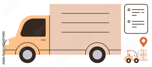 Delivery truck, forklift moving cargo, document checklist, and map marker representing logistics, shipping, and order tracking. Ideal for warehousing, delivery, operation management planning