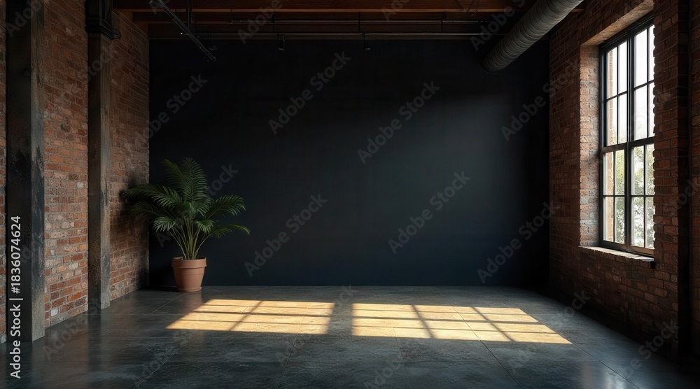 Fototapeta premium Interior space with exposed brick walls and sunlight streaming through a large window onto the floor