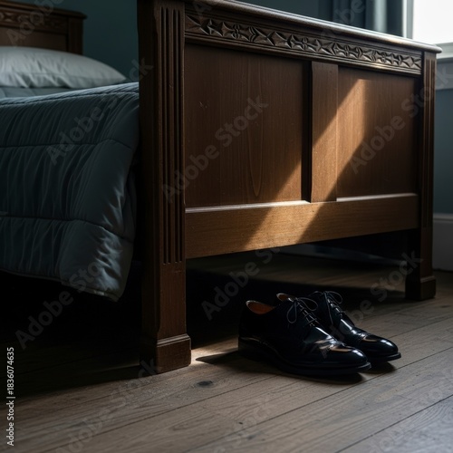 Sunlight streaming onto a pair of black dress shoes next to a wooden bed frame on a hardwood floor.
