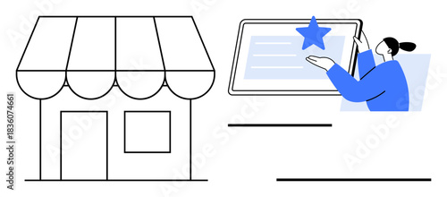 Online shopping, business services, customer satisfaction, digital reviews, brand reputation, e-commerce growth. A storefront and person engaging with a digital review interface. E-commerce