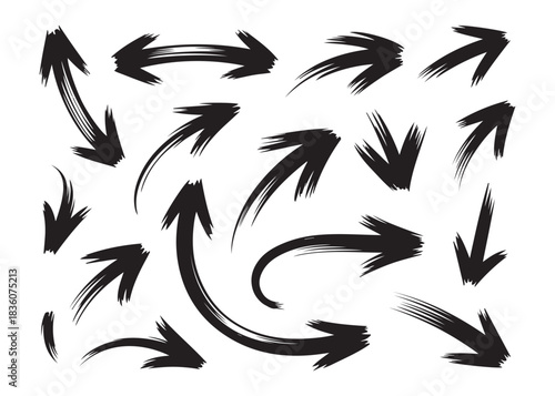 Set of black brush stroke arrows isolated on white background indicating direction