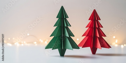 Green red paper origami christmas tree standing on white background with gentle bokeh lights 