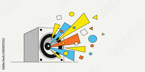 Abstract music background design vector template with notes, data chart, and set of color icons for web illustration