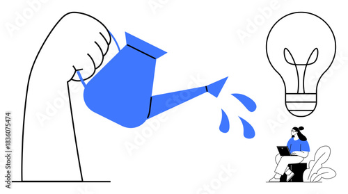 Innovation concept. Innovation through nurturing ideas by watering a lightbulb. Innovation drives creativity, growth, and solutions. Perfect for business, education, startups, productivity