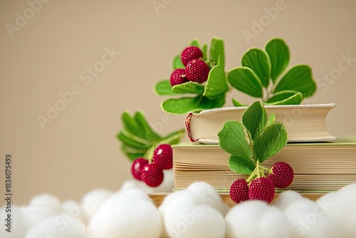 Books with Berries and Leaves on Cotton, Beige Background