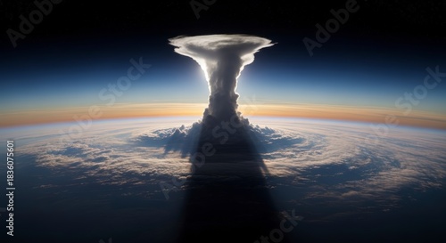 Dramatic Cloud Formation Rising Above Earths Horizon at Sunset.