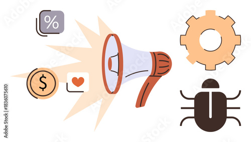 Megaphone with sound waves surrounded by dollar, percentage, heart, gear, and bug icons. Ideal for marketing, communication, finance technology issues emotions settings. Modern simple flat