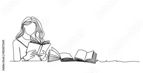 continuous single line drawing of young man and woman looking at laptop screen, line art vector illustration