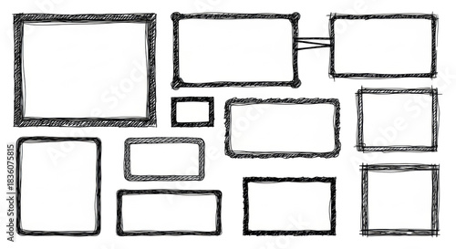 A collection of hand-drawn rectangular and square frames with black, irregular, organic, doodle-style outlines, appearing as marker sketches, against a clean transparent checkered background with