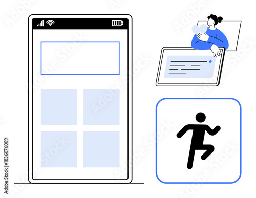 Mobile app interface. Mobile app showing interconnected screens of user interaction, activity tracking, and communication. Mobile app for fitness, productivity, health, communication, remote work