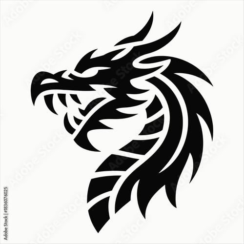 Black Silhouette of Fierce Dragon Head Tribal Tattoo Style