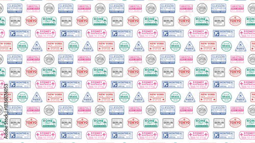 A seamless pattern of colorful passport stamps from various cities around the world on white