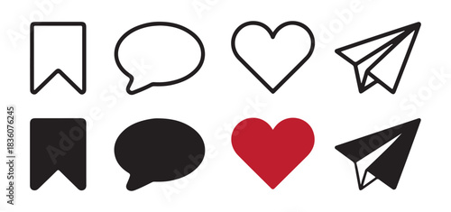 Set of eight common social media interface icons, including bookmark, speech bubble and heart