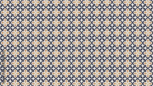 Repeating floral pattern with black quatrefoil shapes and leaf accents on a white background design