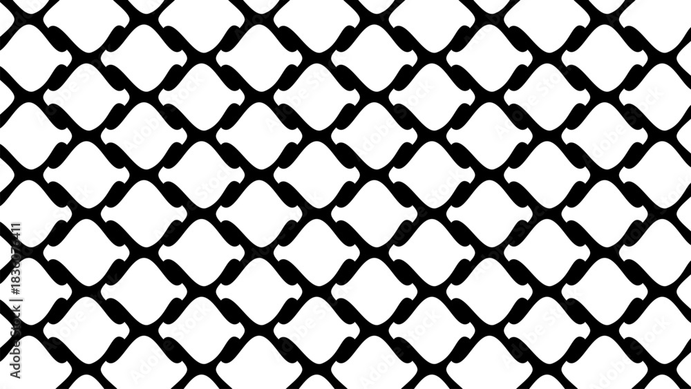 Naklejka premium Abstract geometric repeating layout with fluid organic forms and high contrast black lines, suitable for wallpaper, surface pattern design, and visual identity elements.